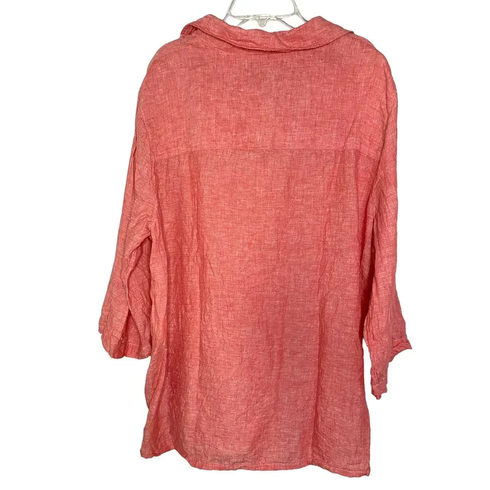 Tahari Women's 100% Linen Popover Red 3/4 Sleeve Top Buttons Plus Size 1X - Picture 2 of 7